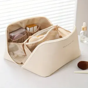 Bolsa de maquillaje cosmético de viaje de cuero Pu con logotipo impreso personalizado portátil, bolsa de aseo de lavado Simple impermeable, bolsa de maquillaje para mujer