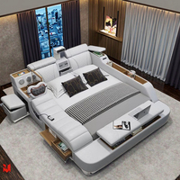 Limlamlim Tech Modernes Smart-Bett in King-Size mit Echtlederbezug, Multifunktions-Plattformbettrahmen mit Beamer und Luftreiniger