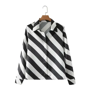 Black and white color long sleeve buttons up striped print turn down collar casual tops for ladies