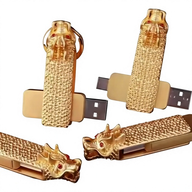 Vintage Golden Alloy Dragon Dual USB Type-C Flash Drive Custom Logo for Chinese Style Business Festival Luxury Gift