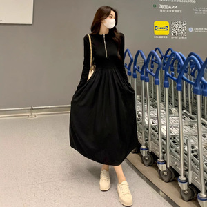 Women's Black Long Sleeve Dress Empire Waist Polo Neck Zipper Solid Color Casual Daily Wear - Product Image 4