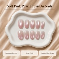 T1790 Kaixin Faux ongles à presser courts, forme ellipse, rose doux, nacré scintillant, effet œil de chat, style French, pour usage intérieur