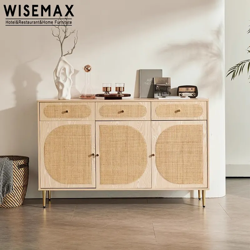WISEMAX furnitur kabinet kayu dasar logam Tiongkok dengan desain rotan pintu ruang tamu furnitur lemari persegi panjang untuk dapur