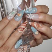 Faux ongles en acrylique à presser, forme amande, style Océan d'été, avec dégradé, coquillage et pierres concassées, motif fleur 3D, personnalisables, flexibles, vente en gros