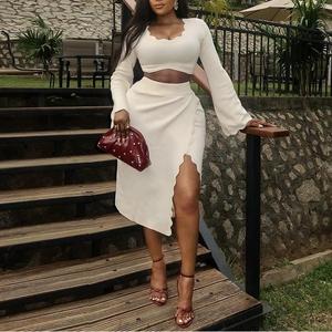 Nuevo Conjunto de Falda y Top Corto de Color Sólido para Otoño, Manga Larga, Abertura Lateral, Ajustado al Cuerpo, para Mujer - Product Image 2