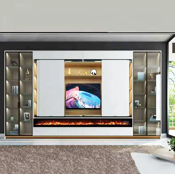 Современный дизайн, настенный ТВ-шкаф с камином и электрической раздвижной дверью