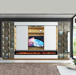 Venta al por mayor gris soporte de tv de chimenea-Mueble de TV de diseño moderno, montado en la pared, con chimenea y puerta de revestimiento eléctrico