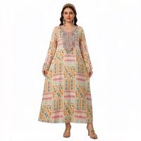 Robe longue ample vintage en polyester à col en V, imprimé floral patchwork, broderie décorative, manches longues, anti-plis, pour femmes adultes