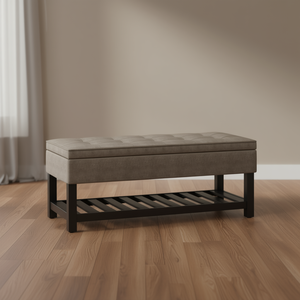Distressed Grey Taupe <b>Storage</b> Ottoman Bench With Open Bottom Shelf For Entryway Living Room Furniture Modern Contemporary Design - Product Image 2