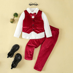 Ensemble de vêtements formels en velours vert foncé 3 pièces pour bébé garçon, pour tout-petits, anniversaire, Noël, mariage - Product Image 1