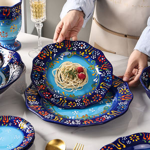 Gaya Bohemian Set Piring Makan Malam, Seperangkat Peralatan Makan Malam Tabung, Sumpit, Piring Makan Lukisan Tangan Porselen Pola Mengkilap - Product Image 3