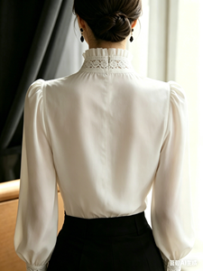 Blusa Elegante Blanca de Cuello Alto para Mujer, Estilo Casual para Oficina, Color Sólido, Manga Larga - Product Image 3