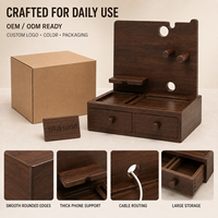 Organisateur de bureau de luxe moderne en bois de noyer écologique avec support pour téléphone et tablette, double tiroir et gestion des câbles, idéal comme table de chevet