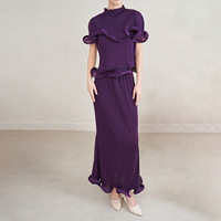 Conjunto de Dos Piezas de Verano para Mujer, Estilo Miyake Plisado, Top Informal Elegante y Falda Larga hasta el Tobillo, 100% Poliéster