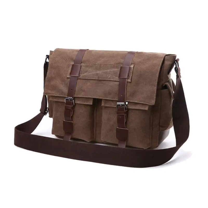 china supplier Brown canvas cotton messenger bag for men with two front pockets