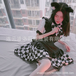 Black And White Checkered Maid Costume Plus Size Cosplay Outfit For Game Anime Role Playing Spring 2023 - Product Image 2