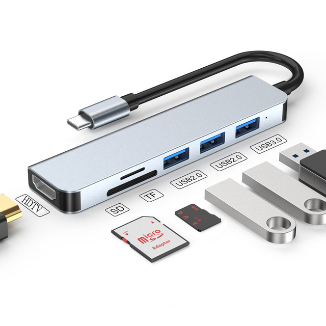 USB C Hub 6-in-1 Multiport Adapter with 4K HDTV SD/TF Card Reader USB 3.0 for MacBook Air/Pro