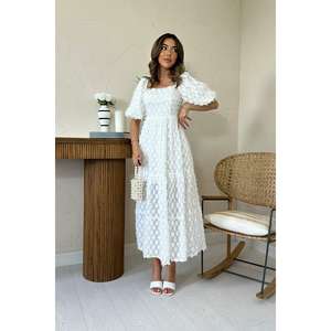 ชุดเดรสชีฟองสีขาวทรงเอ คอเหลี่ยม แขนทรงบอลลูน แต่งระบาย เอวเข้ารูป ระบายอากาศได้ดี เหมาะสำหรับงานกลางคืน - Product Image 4