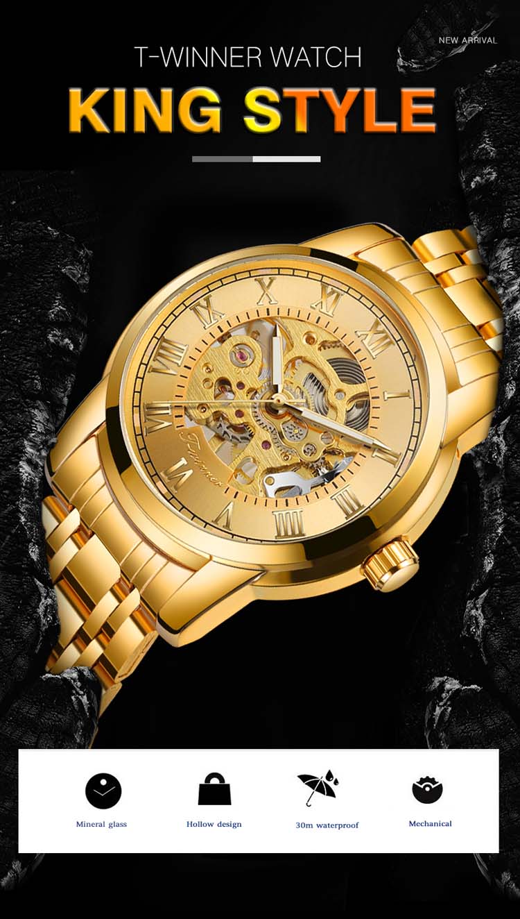 WINNER 8250 роскошные золотые мужские механические часы костюм браслет из нержавеющей стали водостойкий светящийся для отдыха бизнеса relo