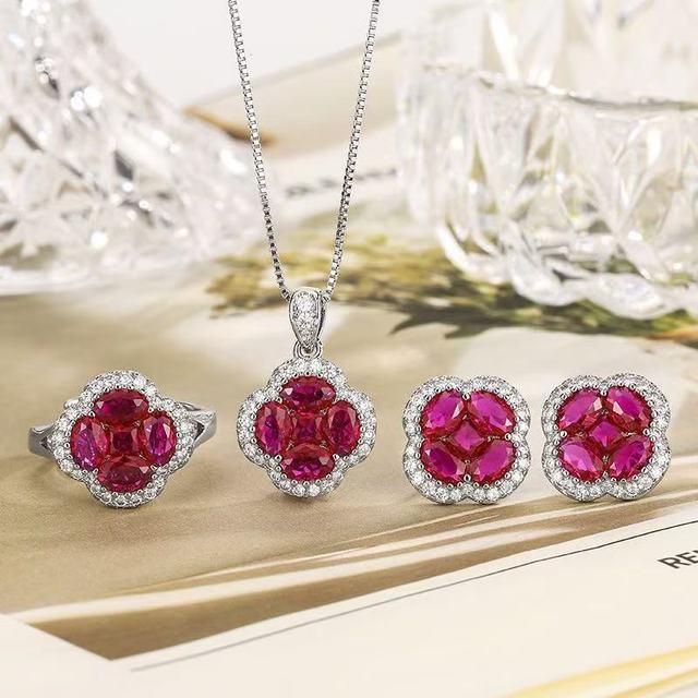 Ruby Flower Jewelry Set Necklace Earrings Ring 18K Gold Plated Brass Micro Pave CZ Fashion Women Gift Party Wedding Daily Wear