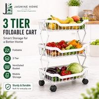 Moderne ruimtebesparende 3-laags rollende multifunctionele opbergwagen, opvouwbaar metalen fruit- en groentemandrek voor de woonkamer