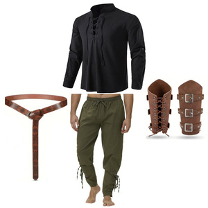 Ensemble de vêtements de cosplay pour homme sur le thème de la Renaissance pour Halloween, <span class=keywords><strong>4</strong></span> pièces, style médiéval, pantalon à bretelles, chemise et ceinture, accessoires de protection des poignets - Product Image 3