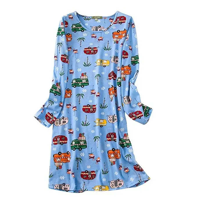 2019 indirim hızlı satıcı uzun kollu pamuklu gece pijama elbise baskı kadın Nightgowns