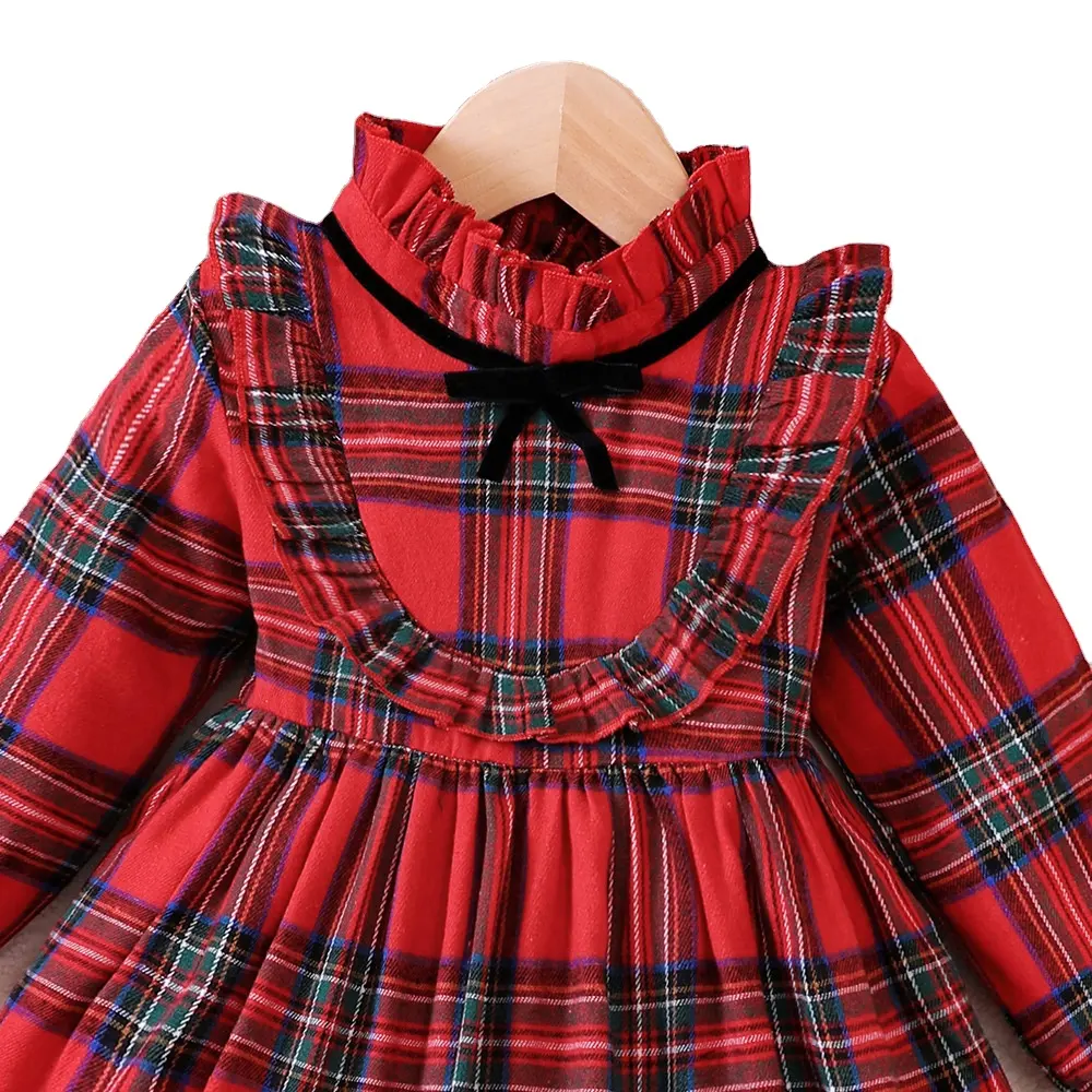 Noël fantaisie vêtements enfants nouveau produit filles automne et hiver modèles à volants arc robe à carreaux