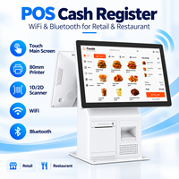 Caisse enregistreuse POS à double écran de 15,6 pouces avec écran tactile principal, imprimante 80 mm, scanner 1D 2D, WiFi, Bluetooth pour la vente au détail et les restaurants