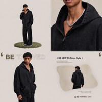 Sweat-shirt en molleton épais pour homme, hiver, 480 g, fermeture éclair, couleur unie, effet batik lavé