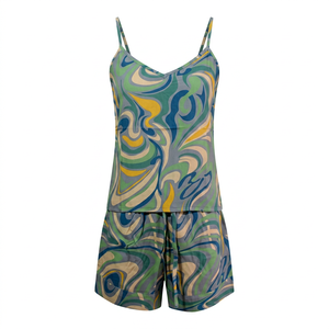 Conjunto de Camisola y Pantalones Cortos de Crepé sin Cuello para Mujer, Ecológico, Transpirable, Estampado, para Uso Diario, Ropa de Dormir y Playa - Product Image 1