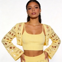 Ensemble deux pièces en tricot jaune beurre ajouré pour femme : Boléro et débardeur – Style doux et épicé – Ropa De Mujer