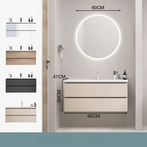Meuble de salle de bain suspendu au mur avec lavabo intégré en céramique, style crème français moderne et minimaliste, miroir intelligent - Product Image 4