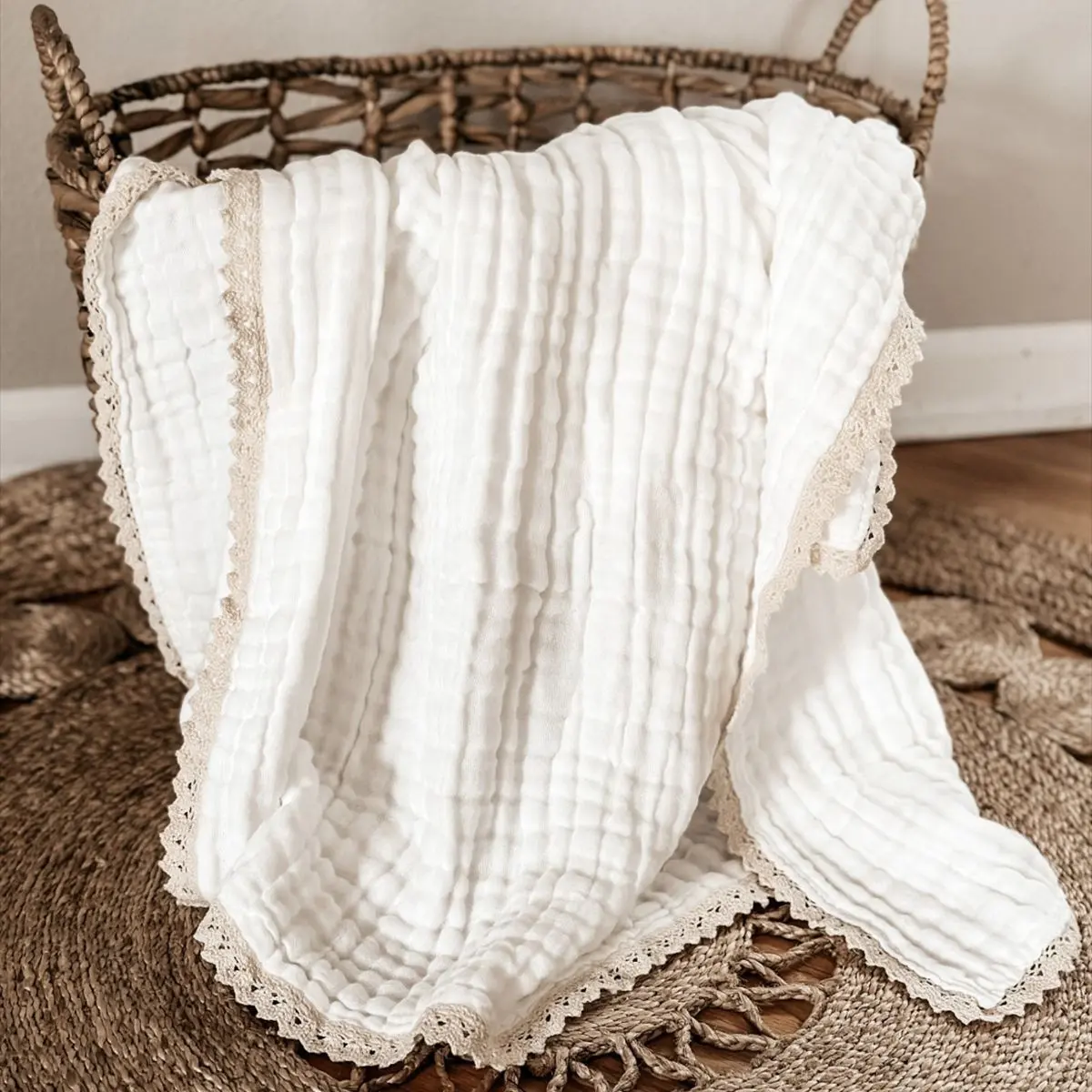 6 layers Soft lace trim newborn muslin swaddles gauze cotton baby wrap blanket