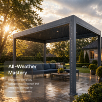Pergola extérieure en aluminium à lattes orientables, effet bois, avec éclairage RGB contrôlable par application, capteur de pluie automatique et design inspiré de la nature
