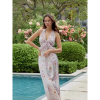Robe d'été longue style A-line sexy et élégante de marque thaïlandaise, col en V, sans manches, mettant en valeur la taille et le dos