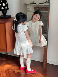 Nouvelle collection été 2026 : Robes pour filles style coréen, broderie ajourée, style preppy, manches bouffantes en dentelle, mélange de coton - Product Image 5
