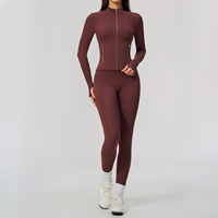 Jaket Wanita Kerah Tegak Resleting, Legging Pinggang Tinggi, Set Yoga, Ritsleting Emas, Lubang Jempol, Pakaian Olahraga Fitness, Tersedia 5 Warna