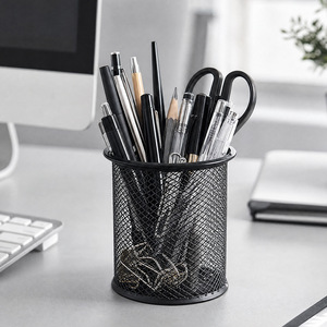 Porte-stylo rond en métal, organisateur de bureau en maille noire pour le rangement de la papeterie de bureau - Product Image 3