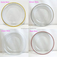 Assiette de présentation ronde transparente de 13 pouces avec bord doré pour mariage, vente en gros