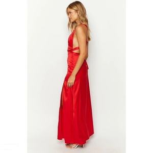 Robe moulante sans manches à col en V, fendue à la taille, avec lien au dos, extra-longue, rouge, la plus vendue - Product Image 3