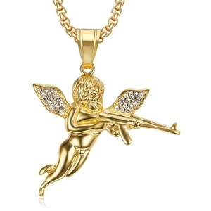 Collar con Colgante de <span class=keywords><strong>Ángel</strong></span> <span class=keywords><strong>Vengador</strong></span> en Acero Inoxidable Chapado en Oro de 18K con Circonitas Cúbicas, Estilo Hiphop, Gran Venta - Product Image 1