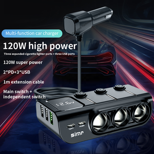 Simr Thuốc lá nhẹ hơn Adapter 120W 3 ổ cắm điện splitter 5 cổng USB nhanh chóng sạc xe hơi với <span class=keywords><strong>LED</strong></span> hiển thị điện áp On Off chuyển đổi - Product Image 5