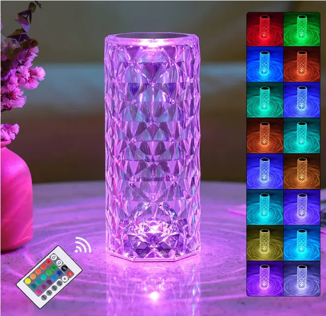 RGB 16-Color Changing Table Lamp Touch Sensor Dimmable LED Rose Crystal Battery Portable Night Lights For Night Bar