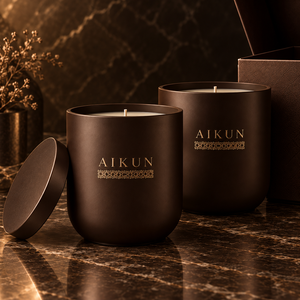 Aikun Deep Brown Lidded Matte Finish Single Wick Jar Scented <b>Candle</b> with Gold Logo <b>Gift</b> Box Direct Factory OEM ODM Bulk Order - Product Image 1
