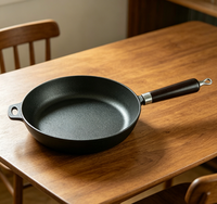 Poêle à frire ronde en fonte avec manche long en bois de 28 cm, revêtement antiadhésif à l'huile végétale, ustensile de cuisson rond de 11 pouces, compatible gaz et induction