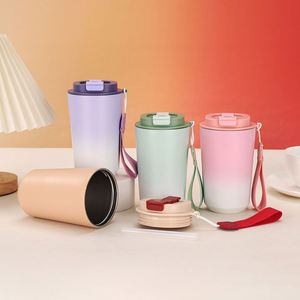 304 Stainless Steel Insulated <b>Cup</b> Gradient Color Coffee Mug with <b>Straw</b> and Rope Portable Dual Use <b>Cup</b> - Product Image 1