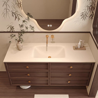 Meuble-lavabo mural moderne en contreplaqué avec plateau en pierre frittée, lavabo en céramique, miroir LED, 6 tiroirs, fabrication OEM ODM sur mesure