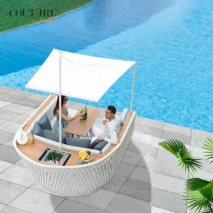 Couture sıcak satış plaj şezlong hasır Daybed açık yuvarlak yatak açık Rattan dış mekan mobilyası bahçe havuzu Rattan Daybed