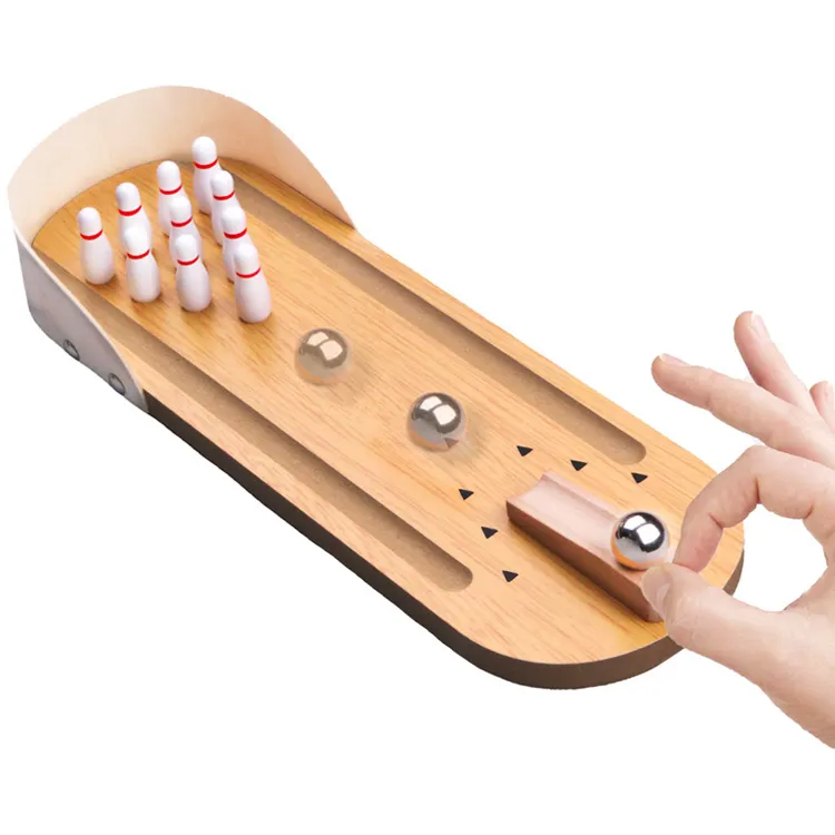 Toptan ahşap masaüstü Mini Bowling oyunu seti yetişkinler çocuklar eğlenceli ofis stres giderici alet parmak oyuncakları